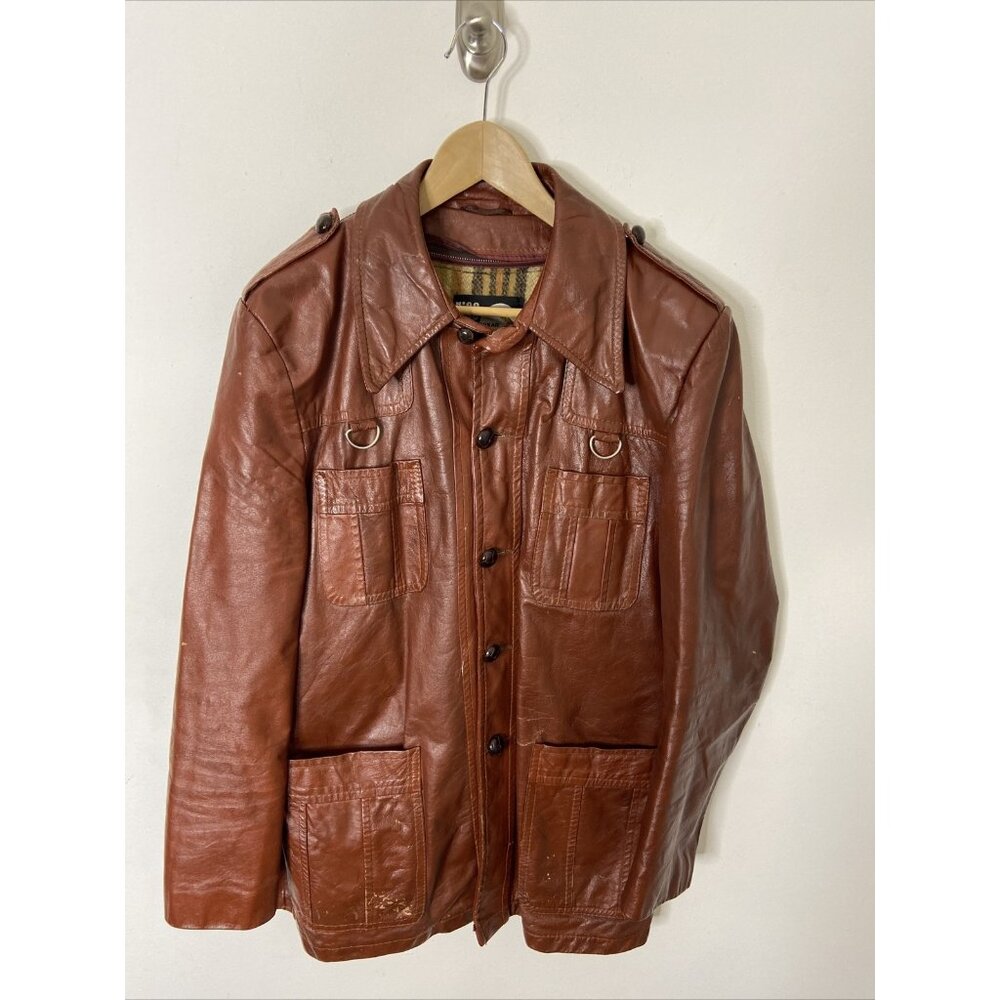 Vintage Rice Sports Wear 70s Men 42 Jacket Brown Leather Hipster Disco Coat